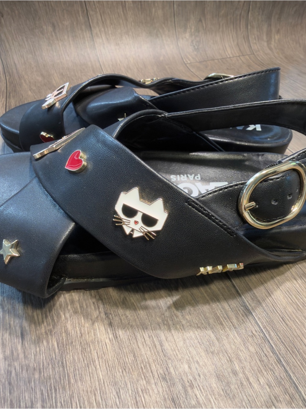 Karl Lagerfeld Paris Bexli sandals black charm slingback wedge women’s size 8 - Picture 5 of 9